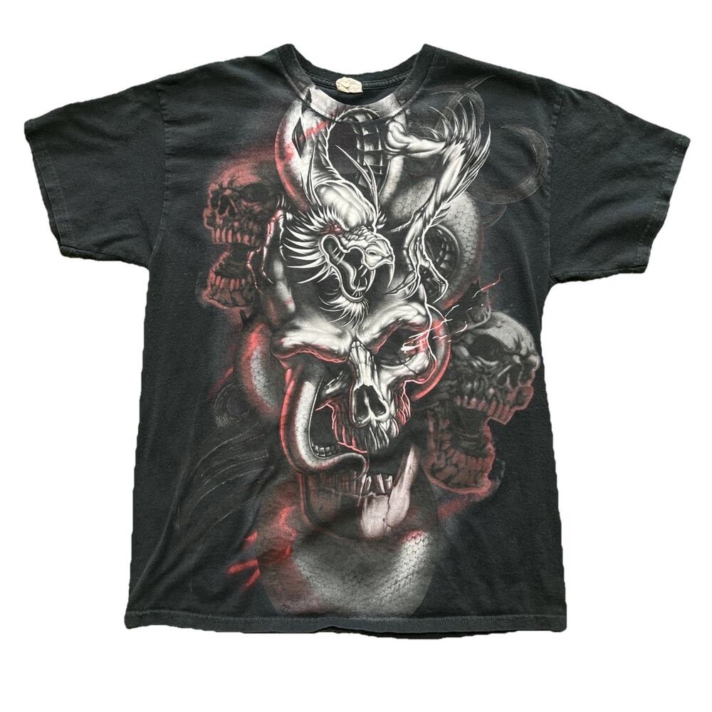 Vintage Y2K Dragon & Skull Big Graphic Print Grunge Emo Sz Large T Shirt
